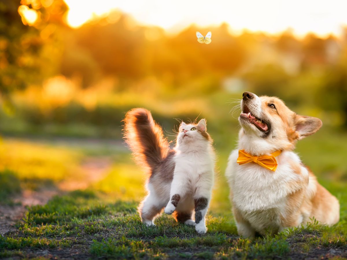 cute fluffy friends a cat and a dog catch a flying butterfly